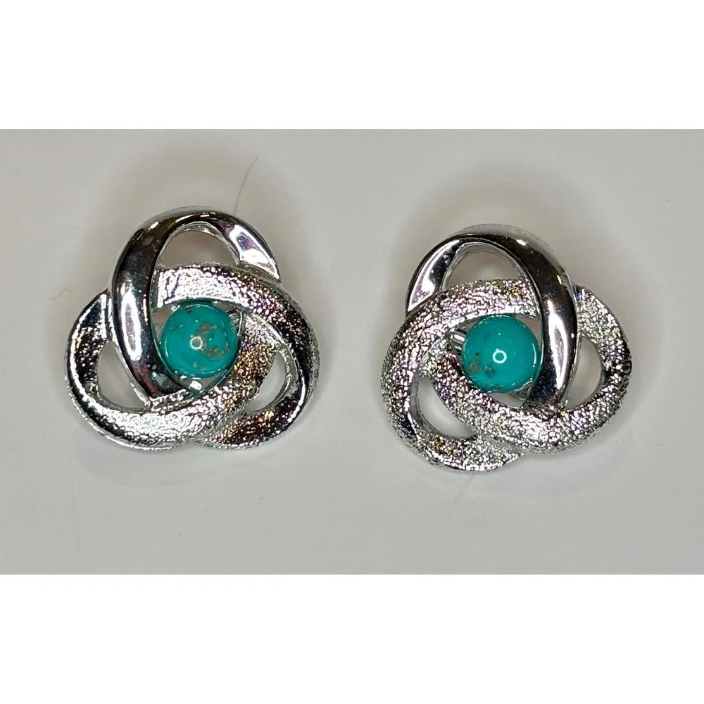 Vintage Orbit Atomic Clip Earring Sarah Coventry Silver Swirl Turquoise Cabochon